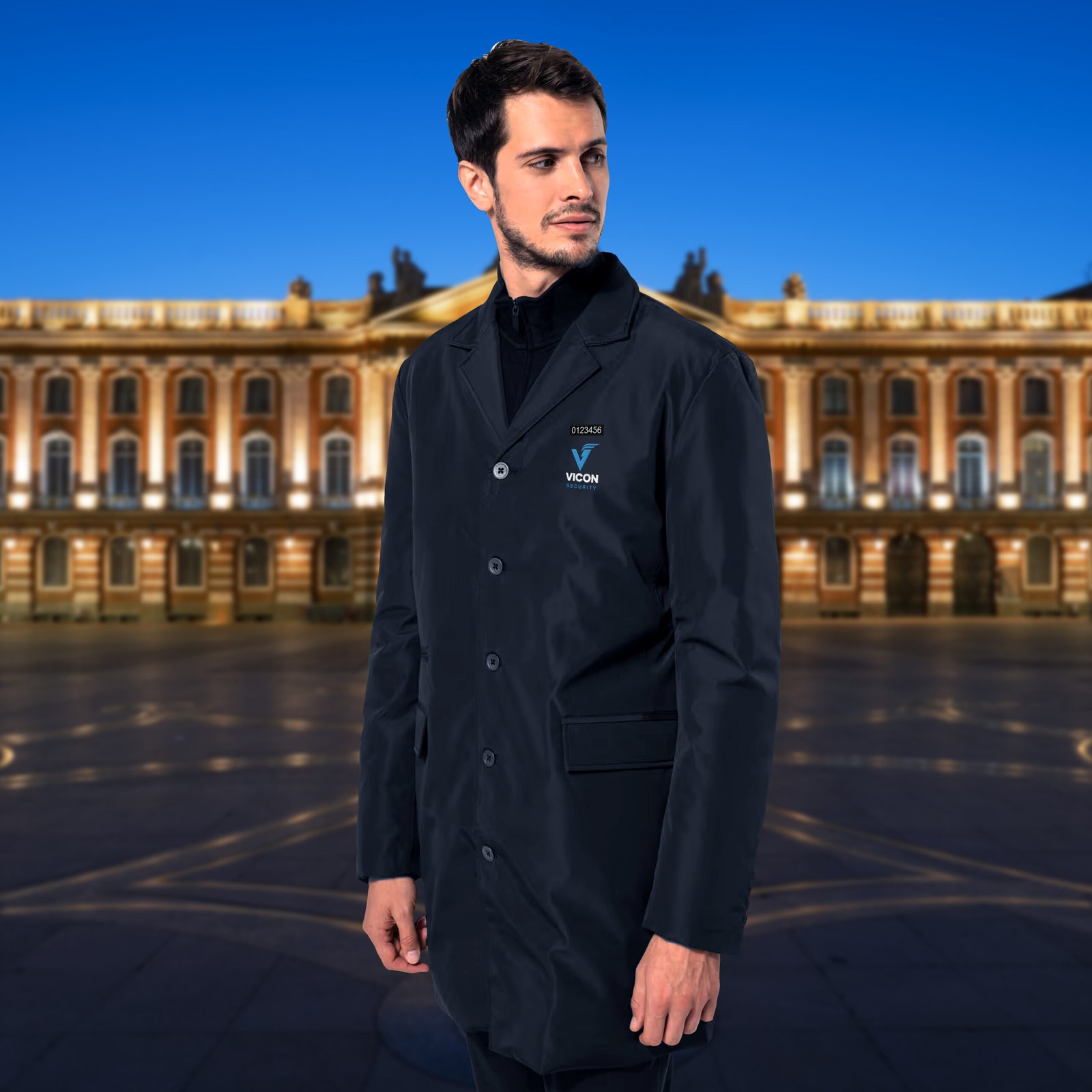 Manteaux imperméable trois quart (trench) noir de face brodé Vicon Sécurité