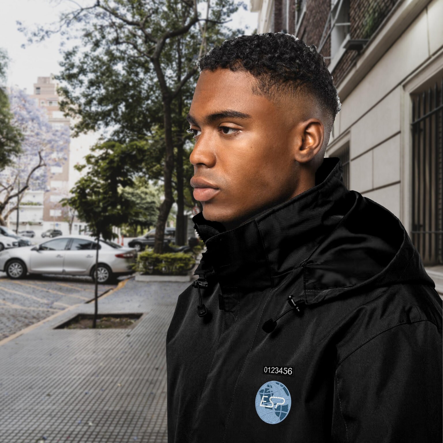 Parka noir pour les agents de sécurité privée ESP sécurité brodé avec le numéro NUB de l'agent