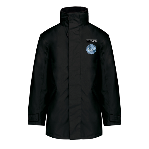 Parka noir pour les agents de sécurité privée ESP sécurité brodé avec le numéro NUB de l'agent