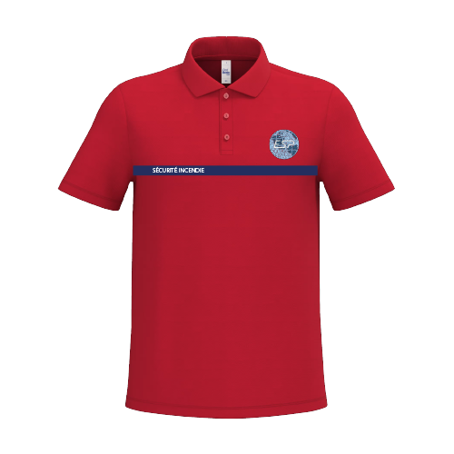 Polo manche courte SSIAP rouge avec bande marine "SÉCURITÉ INCENDIE" pour les agents de sécurité incendie de la société ESP sécurité