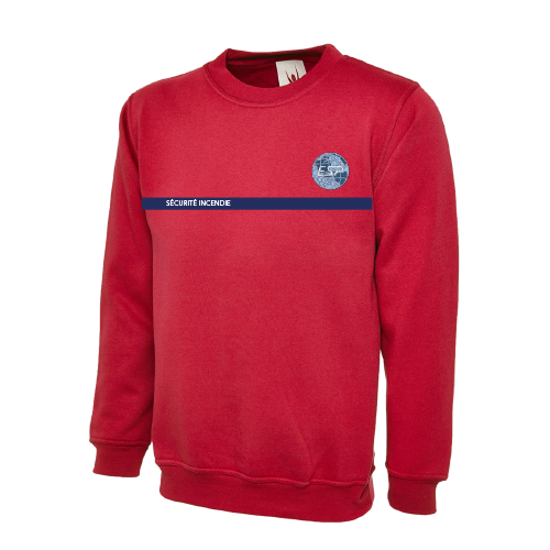 Sweat SSIAP rouge avec bande marine "SÉCURITÉ INCENDIE" pour les agents de sécurité incendie de la société ESP sécurité
