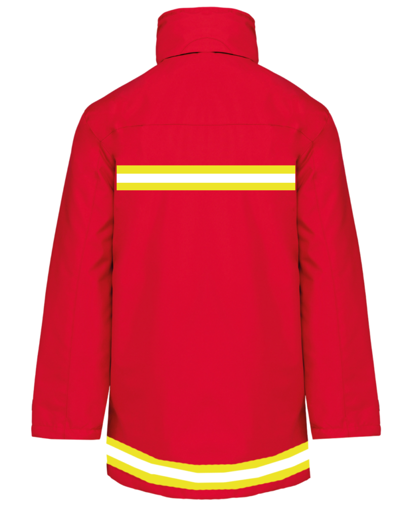 Parka UMIS rouge avec bande réfléchissante jaune et blanche, broderie blanche coeur