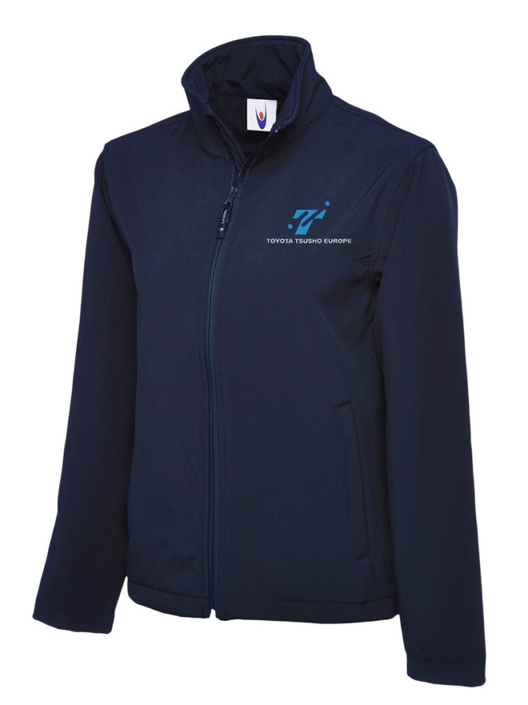 veste softshell bleu marine brodé avec le logo de Toyota Tsusho en couleur côté coeur