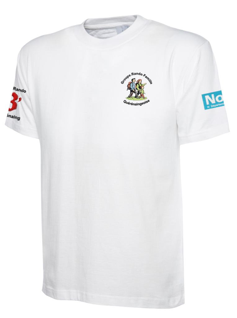 T-shirt blanc de face Groupe Rando La Famille Quérénaingeoise, 3 broderies