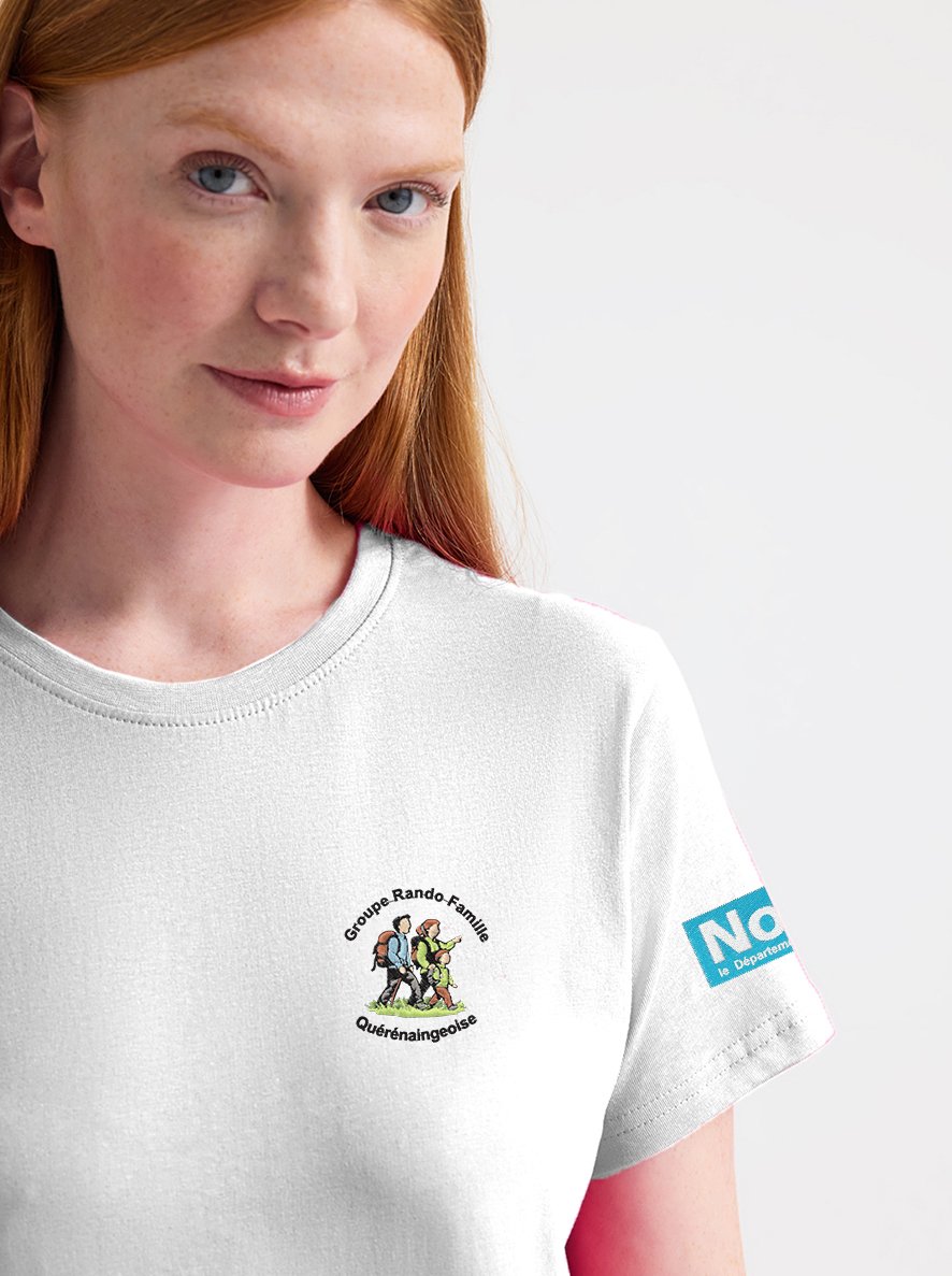 T-shirt personnalisé d'association blanc de face Groupe Rando La Famille Quérénaingeoise, 3 broderies